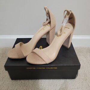 Lulu's Tan Faux Suede Ankle Strap Block Heels, Size 7.5, New With Box